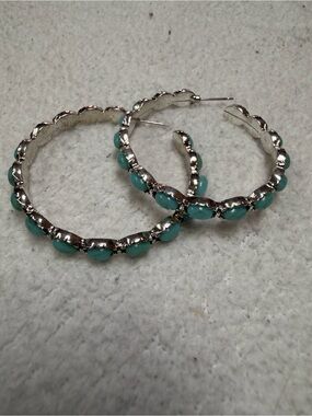 Large Wavy Silver Hoop Earrings Faux Turquoise Bead Accents Textured Scalloped